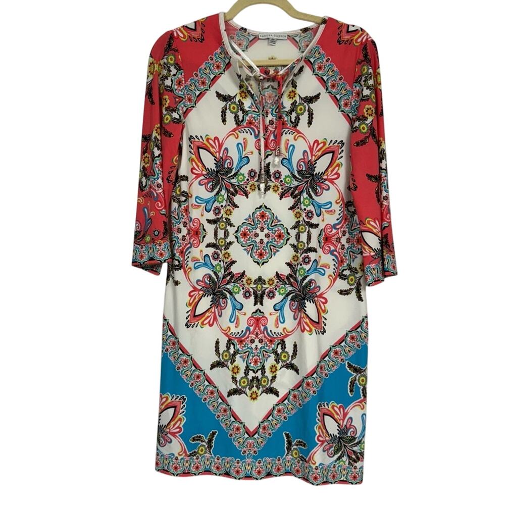 Sandra Darren Pink Blue White Print Shift Dress Womens 6P Mini 3/4 Sleeve Casual